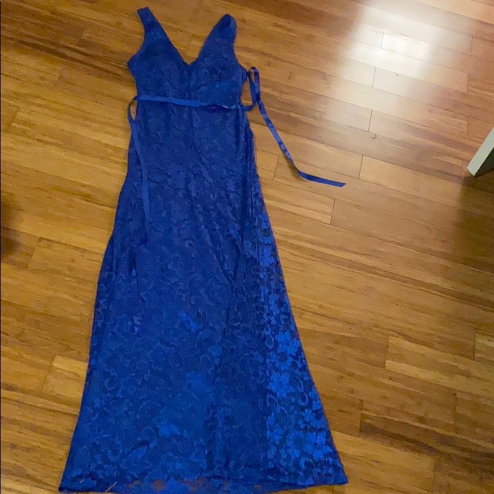 Blue lace evening gown